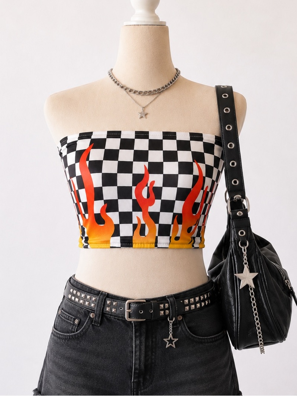 Checkerboard Flame Tube Top - Black & White with Red/Yellow Flame